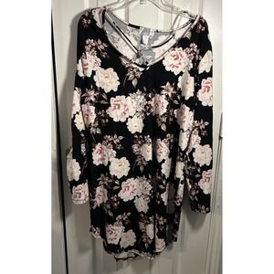 Just Be Women's 2X Stretch Knit Tunic Black/Pink Floral Long Sleeve